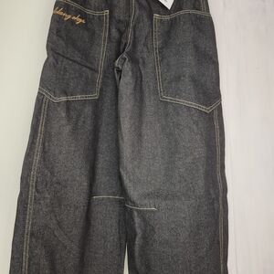 Dark Gray Denim Jeans with Yellow Stitching
